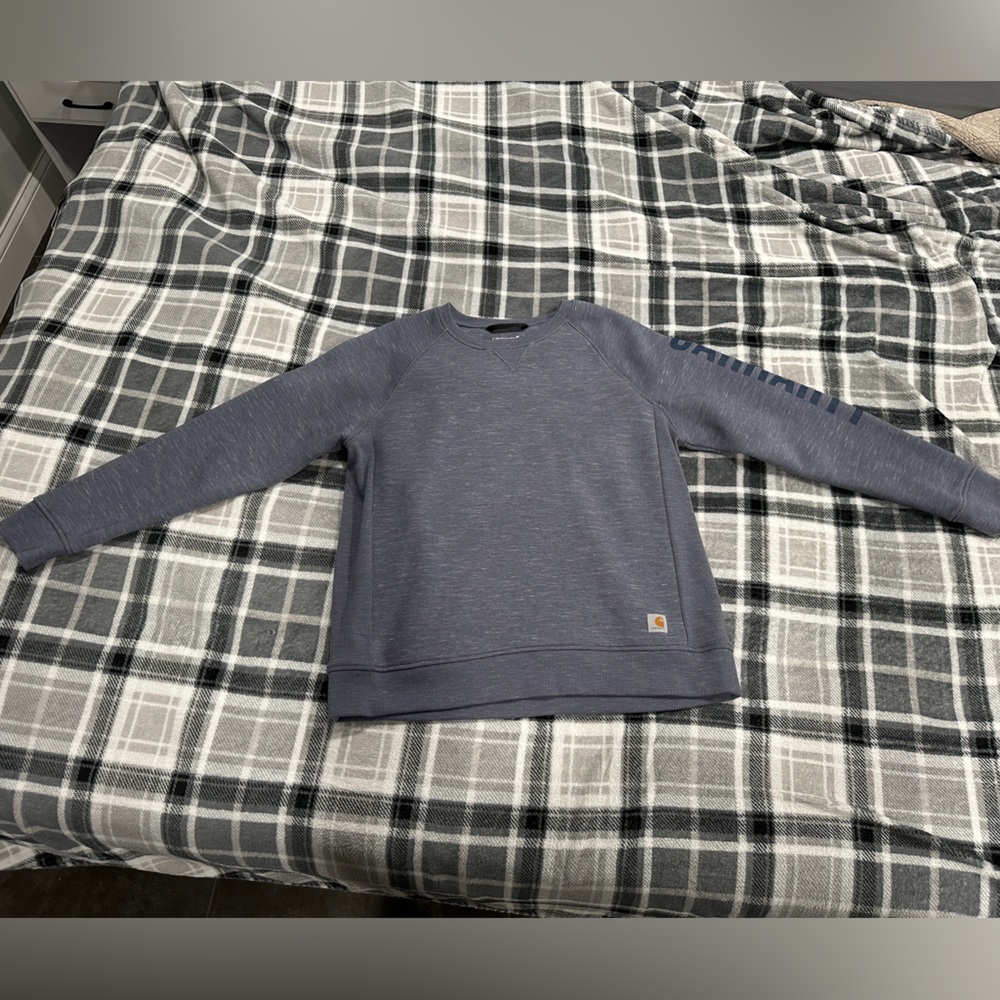 WOMEN'S RELAXED FIT MIDWEIGHT CREWNECK BLOCK LOGO SLEEVE GRAPHIC SWEATSHIRT